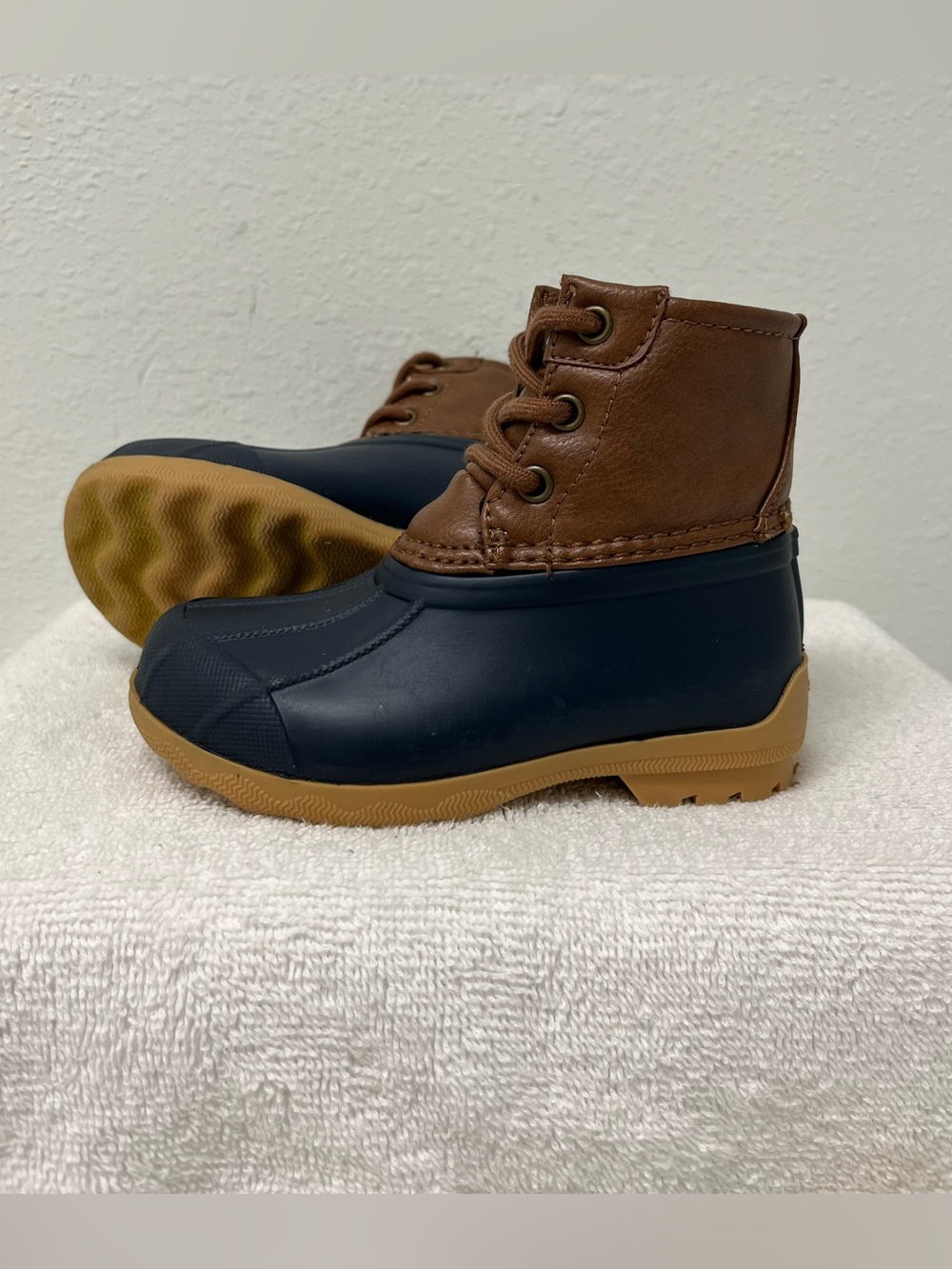 SPERRY Port Boot Waterproof Unisex Kids Rain Boots Brown Navy Size 7M Lace Up